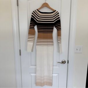 Express Black, Tan, and Cream Long Sleeve maxi midi sweater fitted Dress